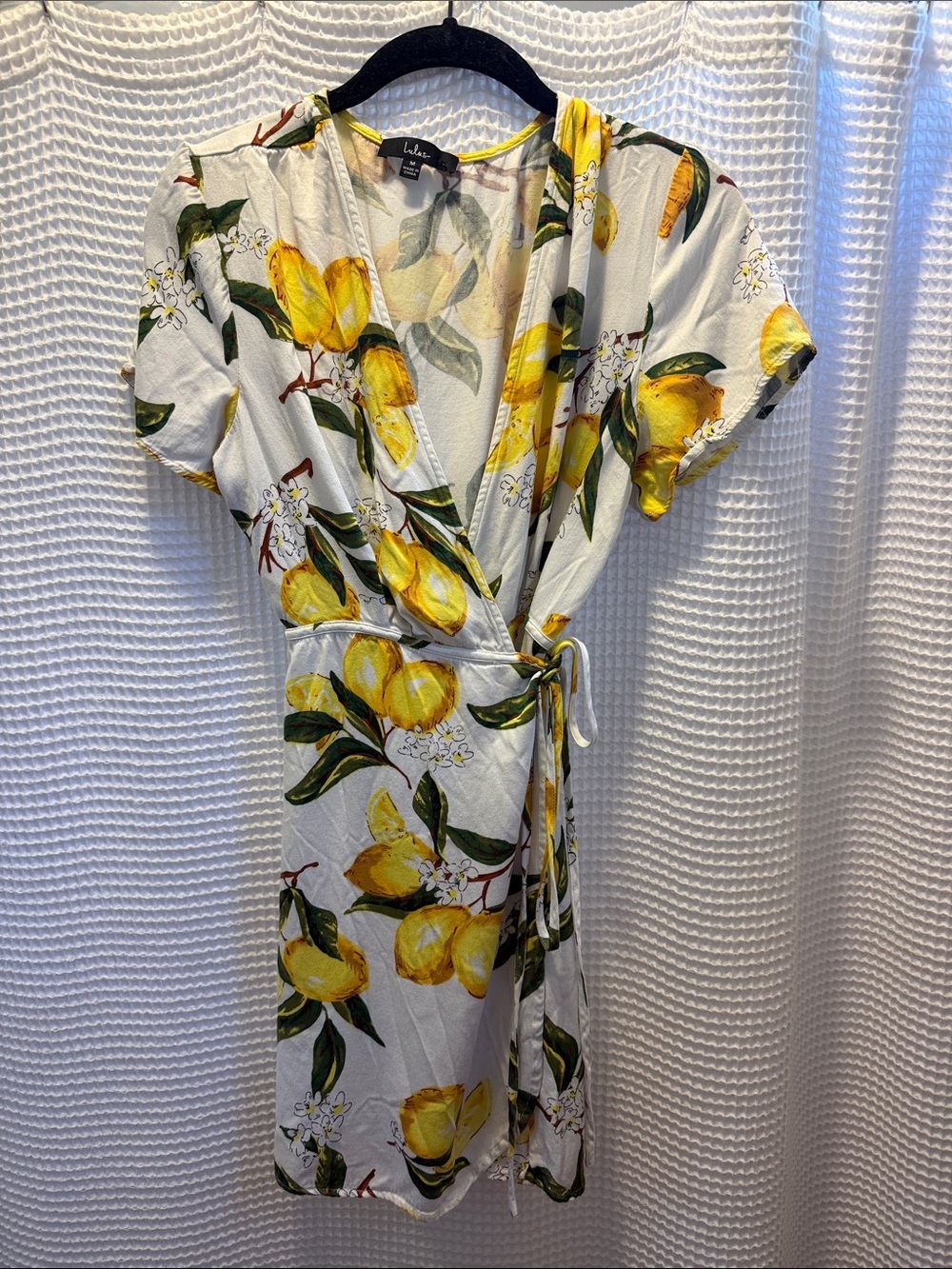Lulu's White Wrap Mini Dress with Yellow Lemon Print